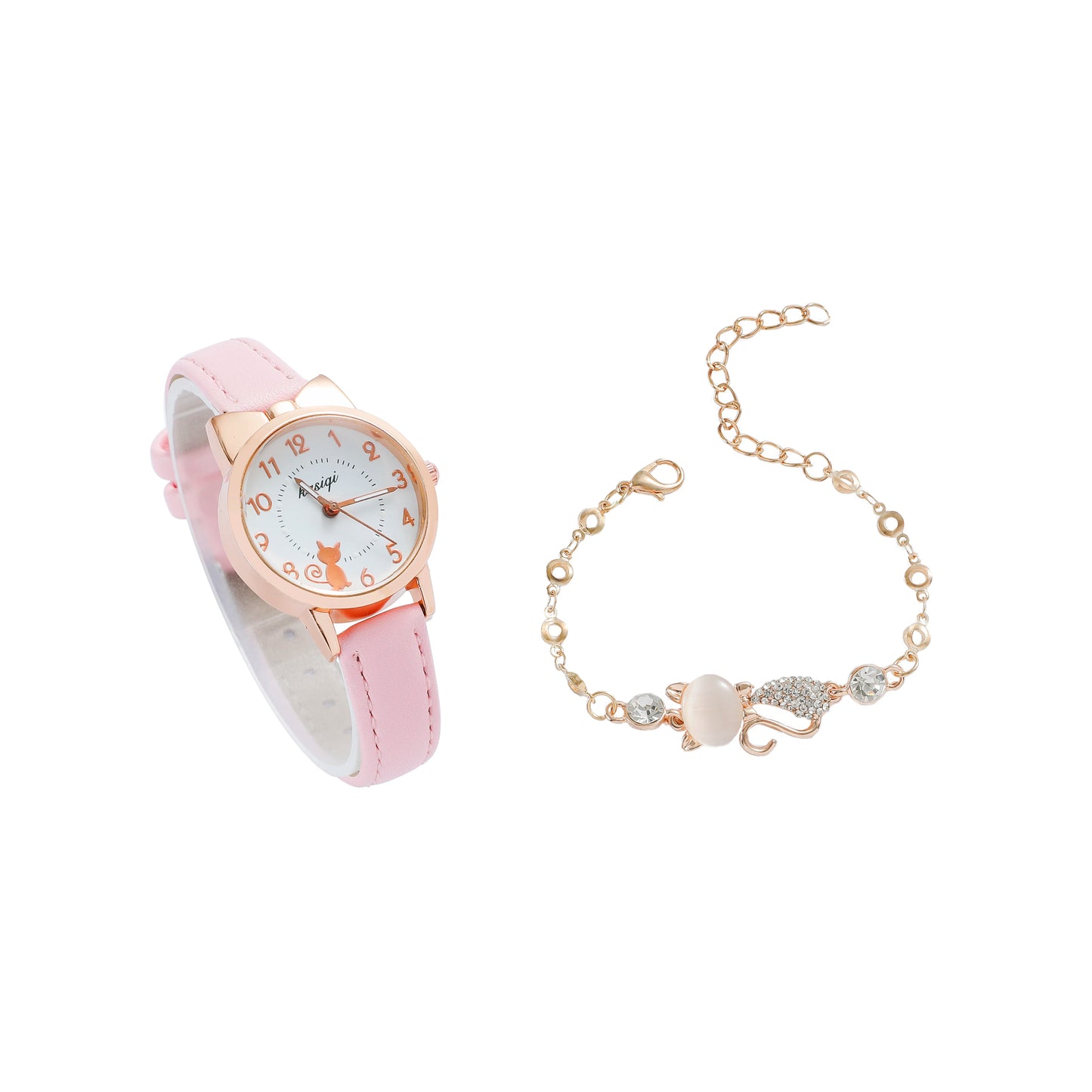 Cute and fashionable Arabic numeral scale small cat watch dial belt quartz watch+cat bracelet set