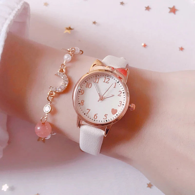 Kit Relógio Gatinho e Pulseira Delicada - Coleção Tempo Felino