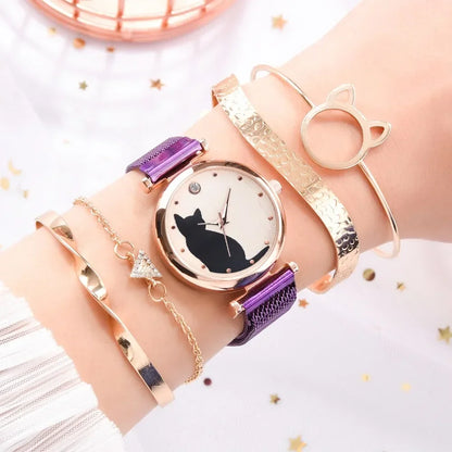 Direct Delivery 5 Pieces/Set Women Watches Rose Gold Bracelet Set Cat Pattern Magnet Black Watch Ladies Watches Quartz Clock