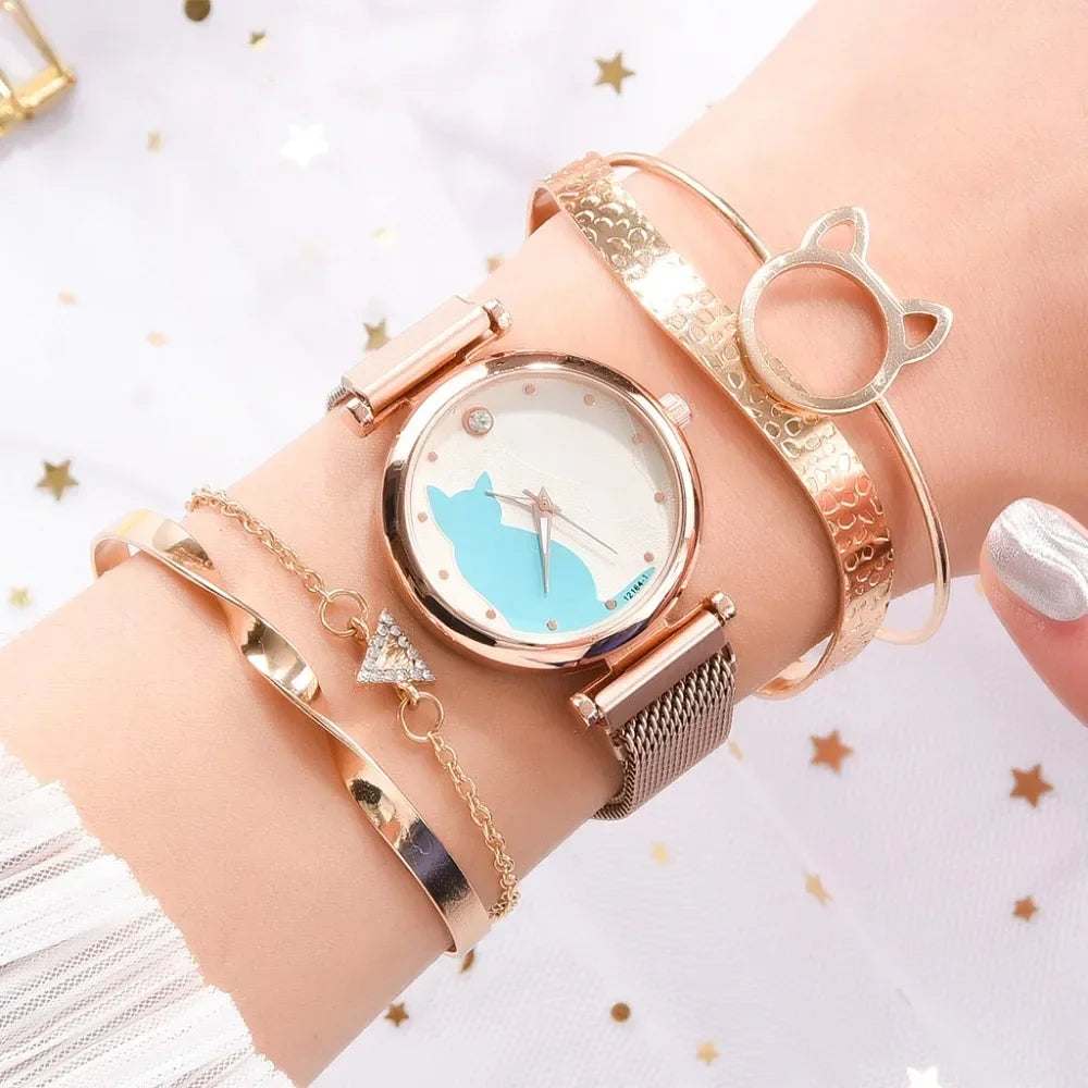 Direct Delivery 5 Pieces/Set Women Watches Rose Gold Bracelet Set Cat Pattern Magnet Black Watch Ladies Watches Quartz Clock
