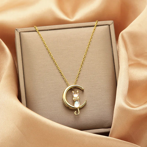 1PC Cute Moon Kitten Pendant Animal Necklace Stainless Steel Chain Women Girls Jewelry for Vacation Party Gift