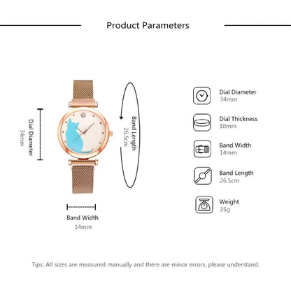 Direct Delivery 5 Pieces/Set Women Watches Rose Gold Bracelet Set Cat Pattern Magnet Black Watch Ladies Watches Quartz Clock