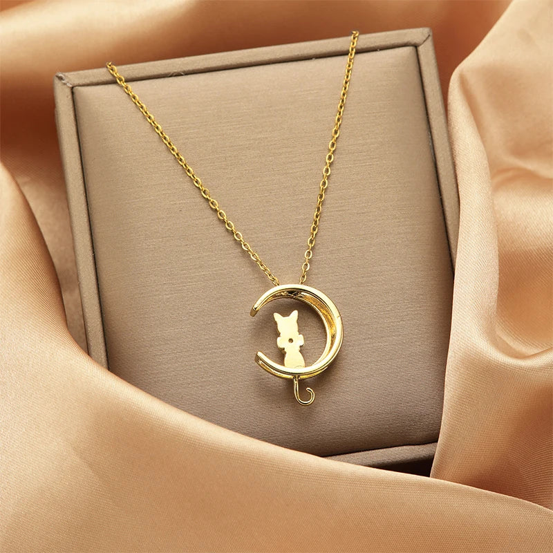 1PC Cute Moon Kitten Pendant Animal Necklace Stainless Steel Chain Women Girls Jewelry for Vacation Party Gift
