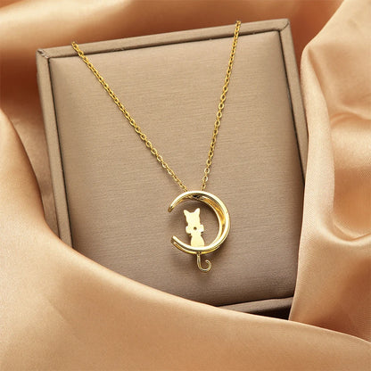 1PC Cute Moon Kitten Pendant Animal Necklace Stainless Steel Chain Women Girls Jewelry for Vacation Party Gift