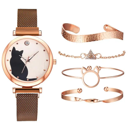 Direct Delivery 5 Pieces/Set Women Watches Rose Gold Bracelet Set Cat Pattern Magnet Black Watch Ladies Watches Quartz Clock