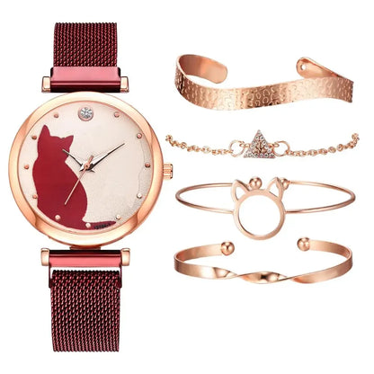 Direct Delivery 5 Pieces/Set Women Watches Rose Gold Bracelet Set Cat Pattern Magnet Black Watch Ladies Watches Quartz Clock