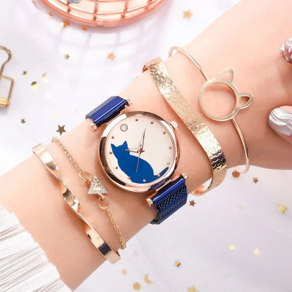 Direct Delivery 5 Pieces/Set Women Watches Rose Gold Bracelet Set Cat Pattern Magnet Black Watch Ladies Watches Quartz Clock