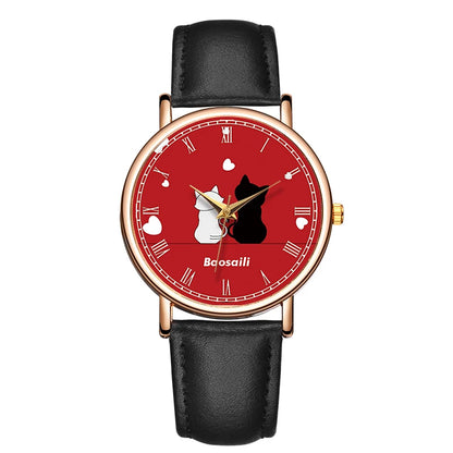 Minimalism Women's Quartz Watch White Cat And Black Cat Love Watch Animal Minority Personality Ladies Watch Waterproof Watch