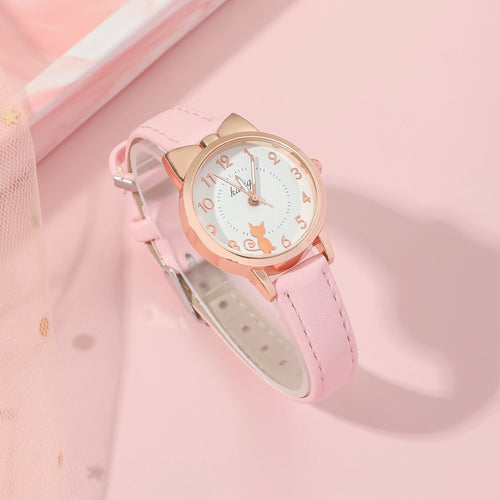 Cute and fashionable Arabic numeral scale small cat watch dial belt quartz watch+cat bracelet set