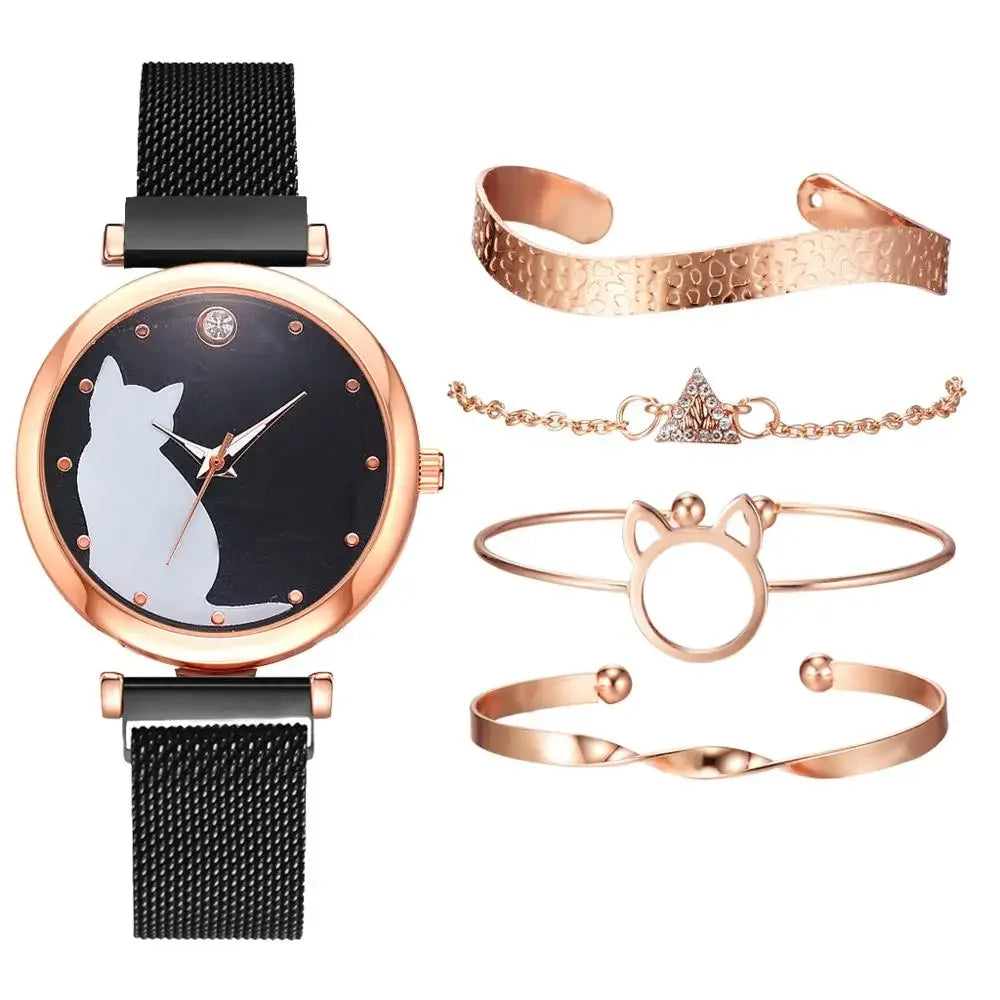 Direct Delivery 5 Pieces/Set Women Watches Rose Gold Bracelet Set Cat Pattern Magnet Black Watch Ladies Watches Quartz Clock