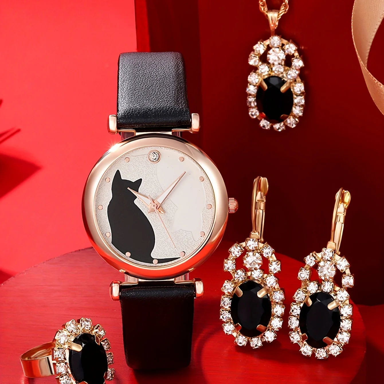 1pc Casual Round Pointer Quartz Watch Cat Pattern Rhinestone Decor Analog Dress Watch & 4pcs Jewelry Set, Gift For Mom/Her