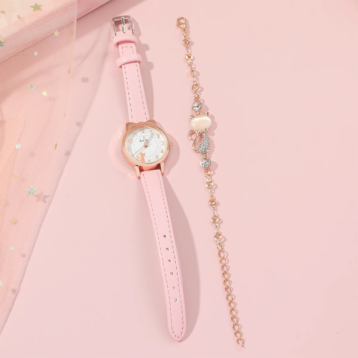 Cute and fashionable Arabic numeral scale small cat watch dial belt quartz watch+cat bracelet set