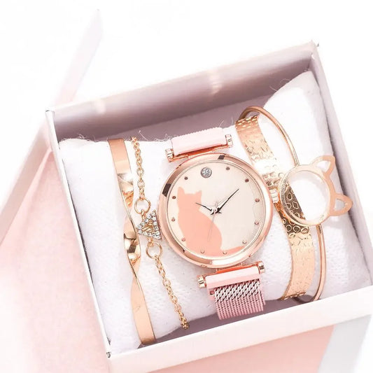Direct Delivery 5 Pieces/Set Women Watches Rose Gold Bracelet Set Cat Pattern Magnet Black Watch Ladies Watches Quartz Clock