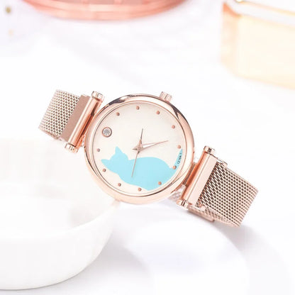 Direct Delivery 5 Pieces/Set Women Watches Rose Gold Bracelet Set Cat Pattern Magnet Black Watch Ladies Watches Quartz Clock