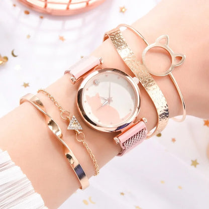 Direct Delivery 5 Pieces/Set Women Watches Rose Gold Bracelet Set Cat Pattern Magnet Black Watch Ladies Watches Quartz Clock