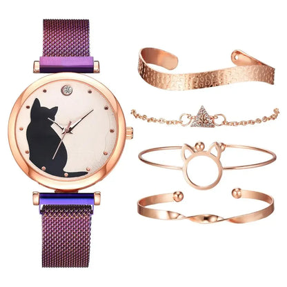 Direct Delivery 5 Pieces/Set Women Watches Rose Gold Bracelet Set Cat Pattern Magnet Black Watch Ladies Watches Quartz Clock