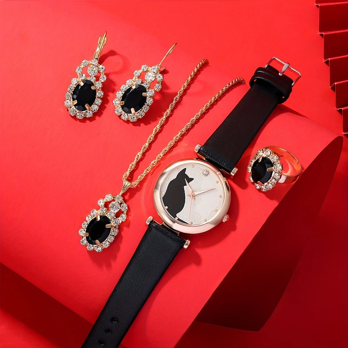 1pc Casual Round Pointer Quartz Watch Cat Pattern Rhinestone Decor Analog Dress Watch & 4pcs Jewelry Set, Gift For Mom/Her