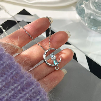 1PC Cute Moon Kitten Pendant Animal Necklace Stainless Steel Chain Women Girls Jewelry for Vacation Party Gift
