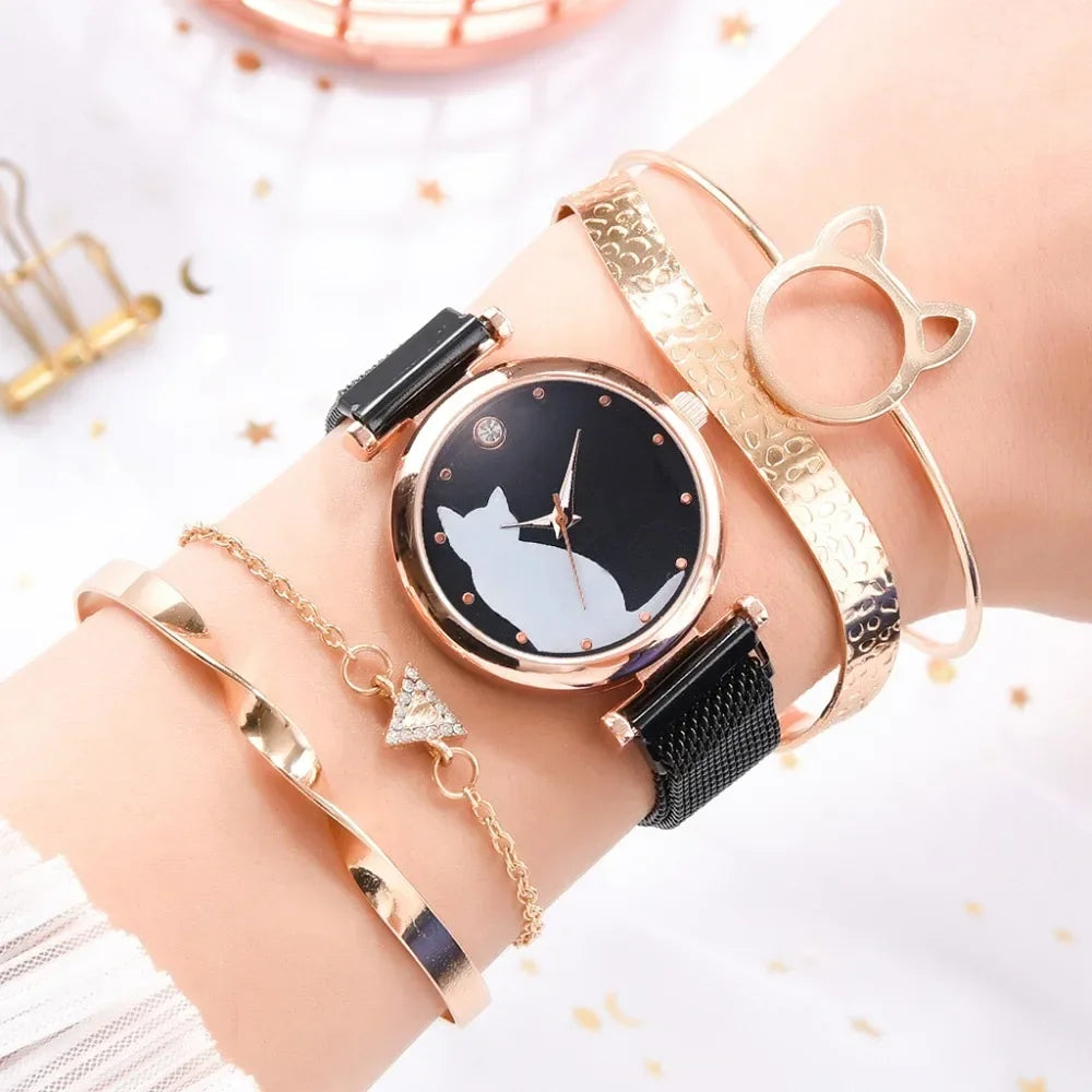 Direct Delivery 5 Pieces/Set Women Watches Rose Gold Bracelet Set Cat Pattern Magnet Black Watch Ladies Watches Quartz Clock