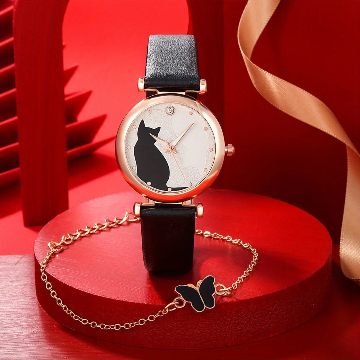 1pc Casual Round Pointer Quartz Watch Cat Pattern Rhinestone Decor Analog Dress Watch & 4pcs Jewelry Set, Gift For Mom/Her