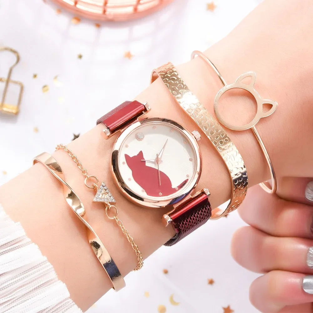 Direct Delivery 5 Pieces/Set Women Watches Rose Gold Bracelet Set Cat Pattern Magnet Black Watch Ladies Watches Quartz Clock