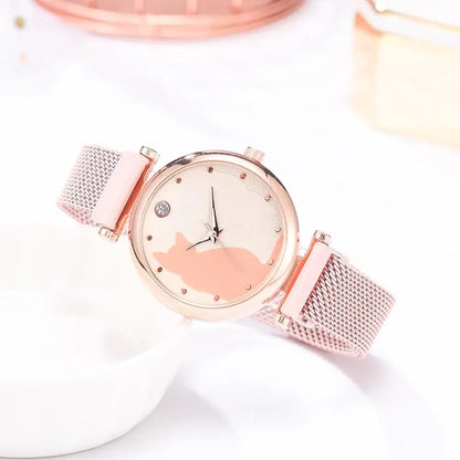 Direct Delivery 5 Pieces/Set Women Watches Rose Gold Bracelet Set Cat Pattern Magnet Black Watch Ladies Watches Quartz Clock