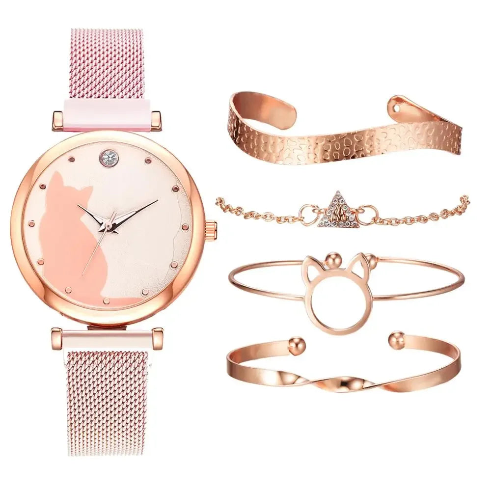 Direct Delivery 5 Pieces/Set Women Watches Rose Gold Bracelet Set Cat Pattern Magnet Black Watch Ladies Watches Quartz Clock