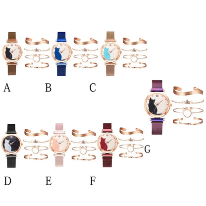 Direct Delivery 5 Pieces/Set Women Watches Rose Gold Bracelet Set Cat Pattern Magnet Black Watch Ladies Watches Quartz Clock