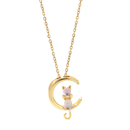 1PC Cute Moon Kitten Pendant Animal Necklace Stainless Steel Chain Women Girls Jewelry for Vacation Party Gift