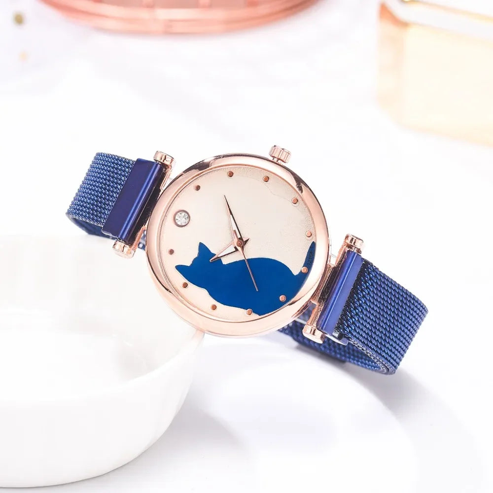 Direct Delivery 5 Pieces/Set Women Watches Rose Gold Bracelet Set Cat Pattern Magnet Black Watch Ladies Watches Quartz Clock