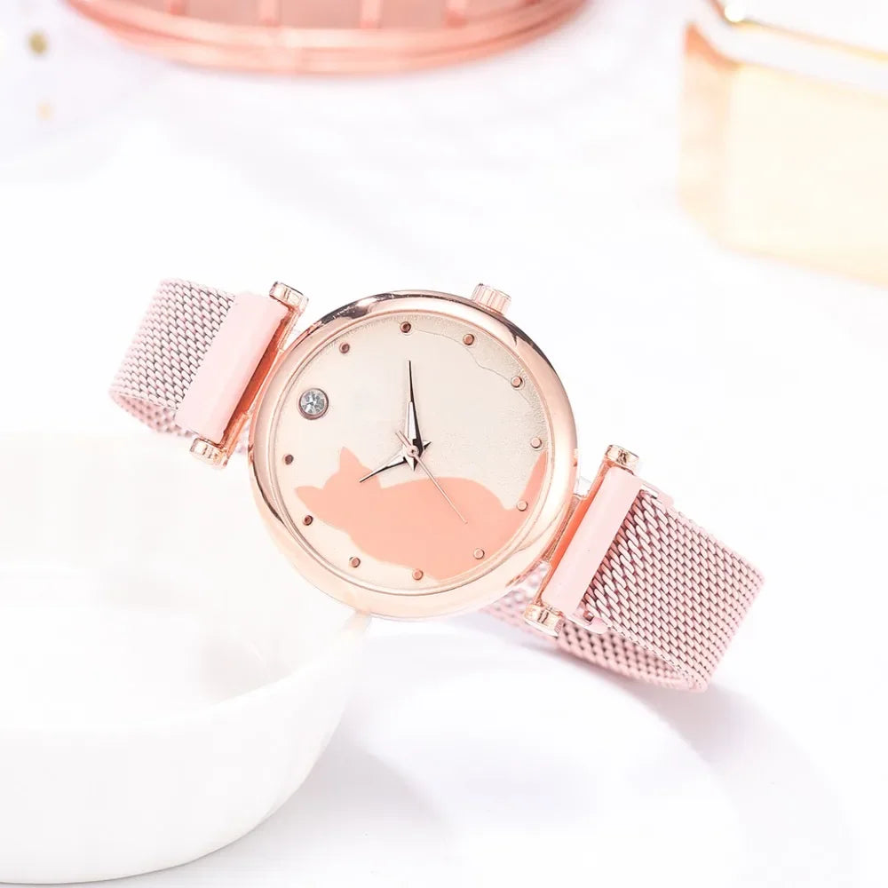 Direct Delivery 5 Pieces/Set Women Watches Rose Gold Bracelet Set Cat Pattern Magnet Black Watch Ladies Watches Quartz Clock