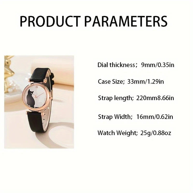 1pc Casual Round Pointer Quartz Watch Cat Pattern Rhinestone Decor Analog Dress Watch & 4pcs Jewelry Set, Gift For Mom/Her