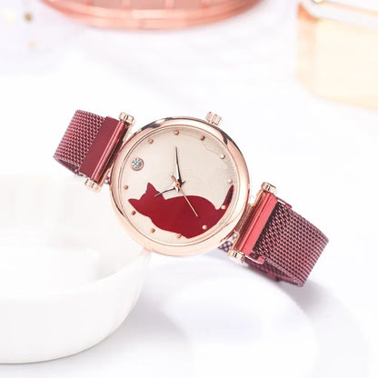 Direct Delivery 5 Pieces/Set Women Watches Rose Gold Bracelet Set Cat Pattern Magnet Black Watch Ladies Watches Quartz Clock