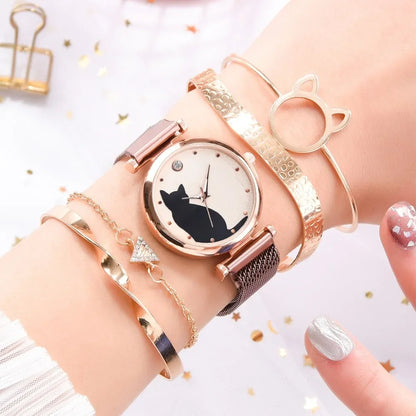 Direct Delivery 5 Pieces/Set Women Watches Rose Gold Bracelet Set Cat Pattern Magnet Black Watch Ladies Watches Quartz Clock