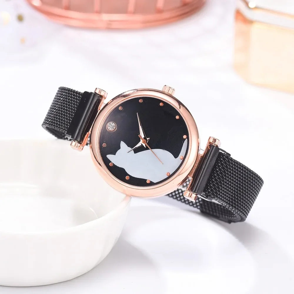 Direct Delivery 5 Pieces/Set Women Watches Rose Gold Bracelet Set Cat Pattern Magnet Black Watch Ladies Watches Quartz Clock