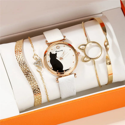5pcs/set cute fashion cat pattern quartz pu leather women wrist watch