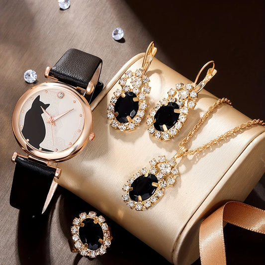 1pc Casual Round Pointer Quartz Watch Cat Pattern Rhinestone Decor Analog Dress Watch & 4pcs Jewelry Set, Gift For Mom/Her